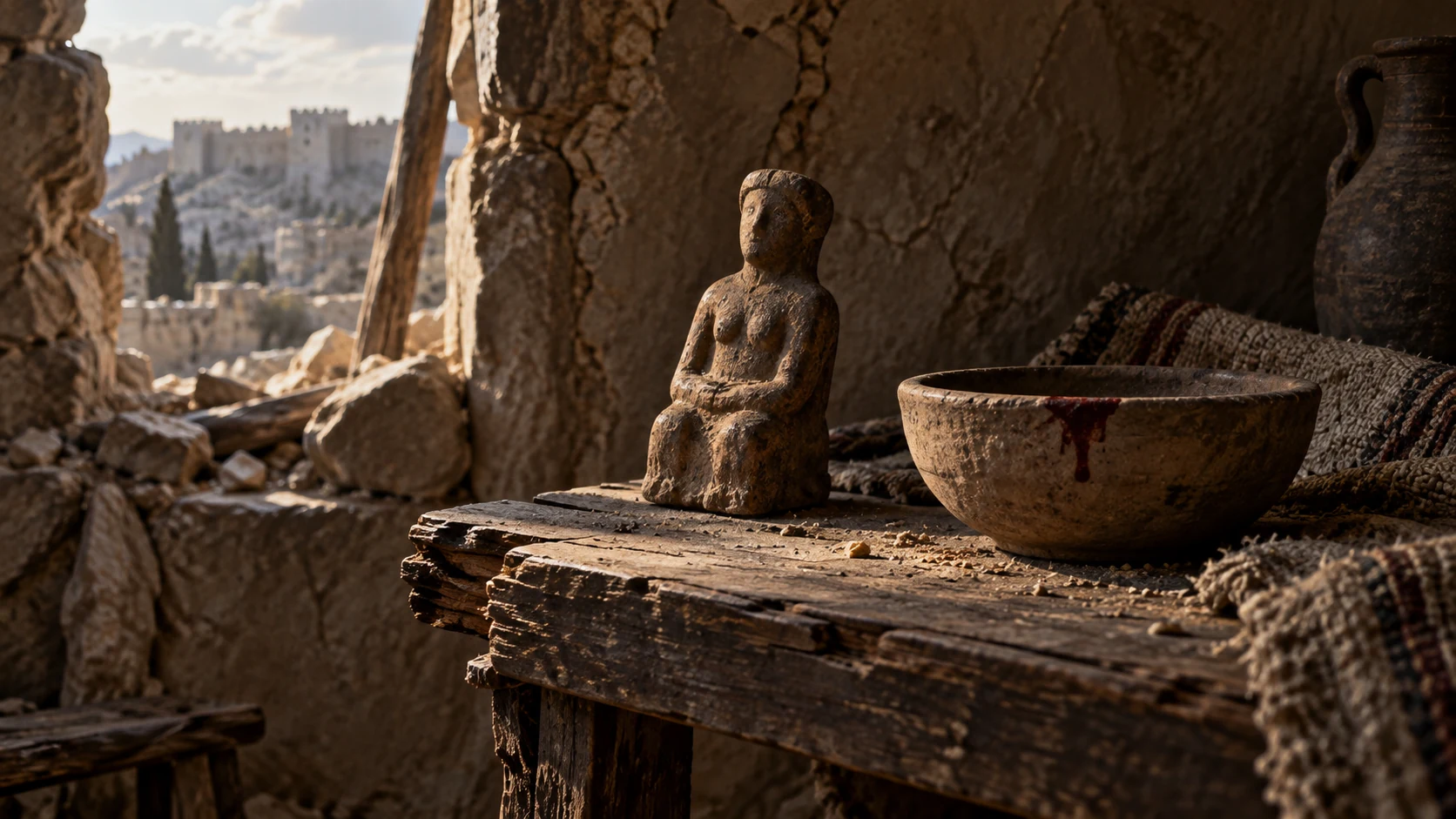 An abandoned household idol and a stained eating bowl on a table, with no graphic blood or person harmed