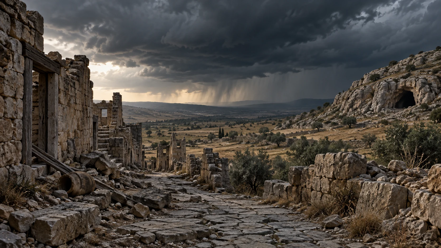Three separated empty settings—ruined street, open field, cave mouth—under the same distant cloud; no victims, beasts or plague bodies