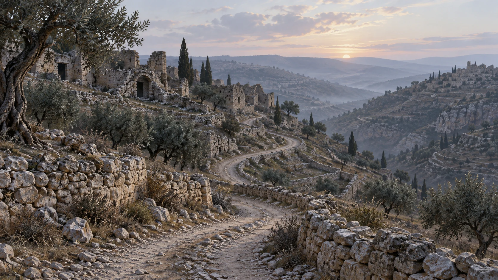 Wide deserted Israelite mountain road winding past silent terraces and ruined stone, without human extinction claim