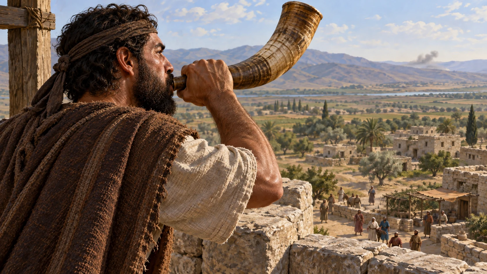 Close view of the same watchman blowing a plain ram-horn trumpet toward distant people, threat only far on horizon