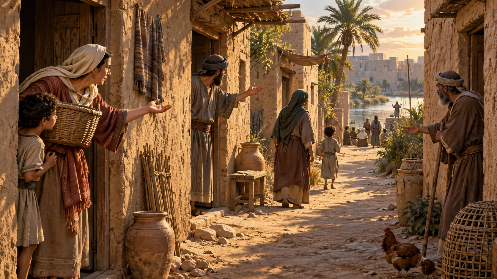 Exiles exchange glances and invite one another near simple doorways, with Ezekiel distant and no dialogue text