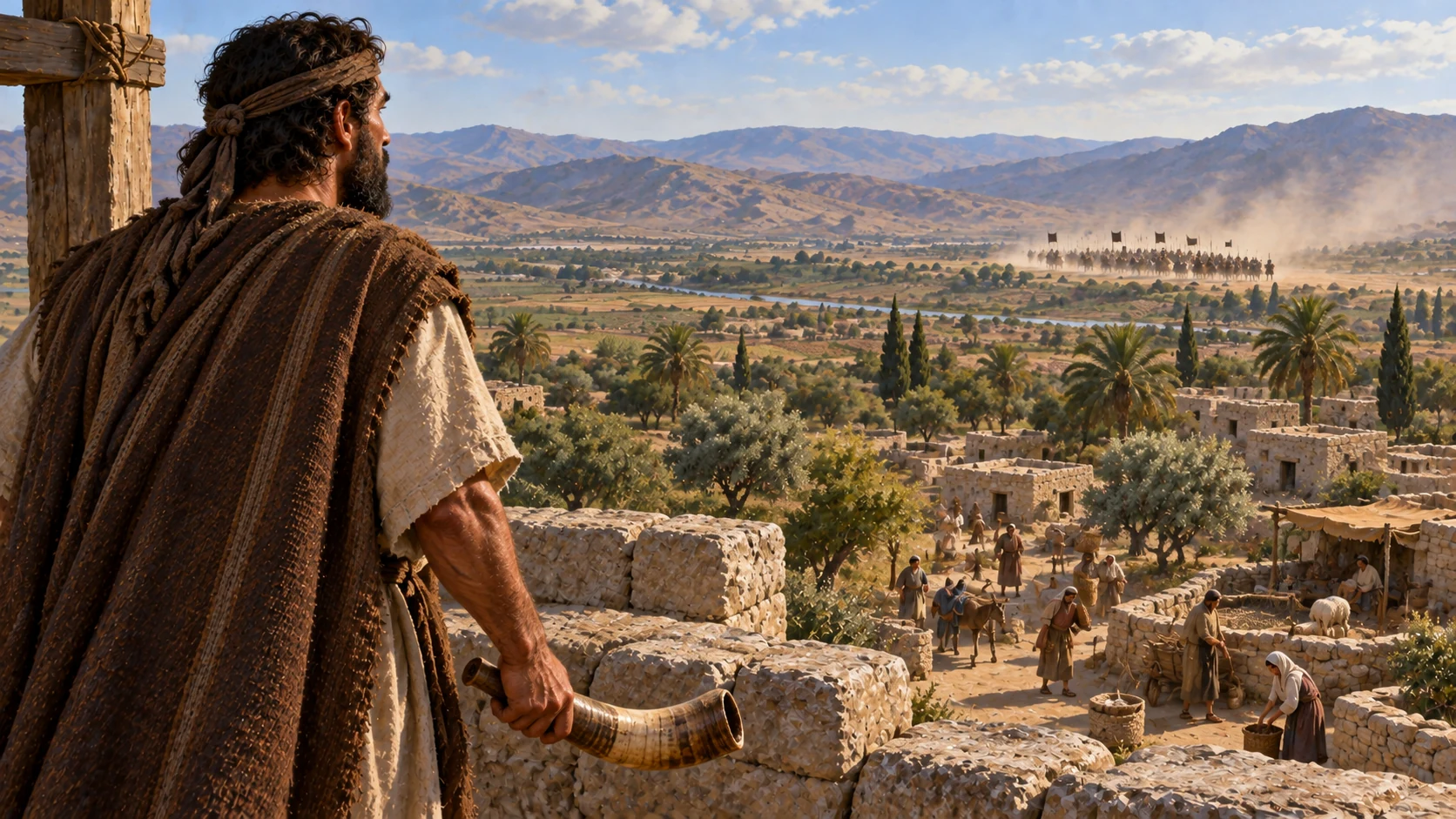 Watchman watches a distant dust cloud from a tower but lowers his horn; unalerted villagers below
