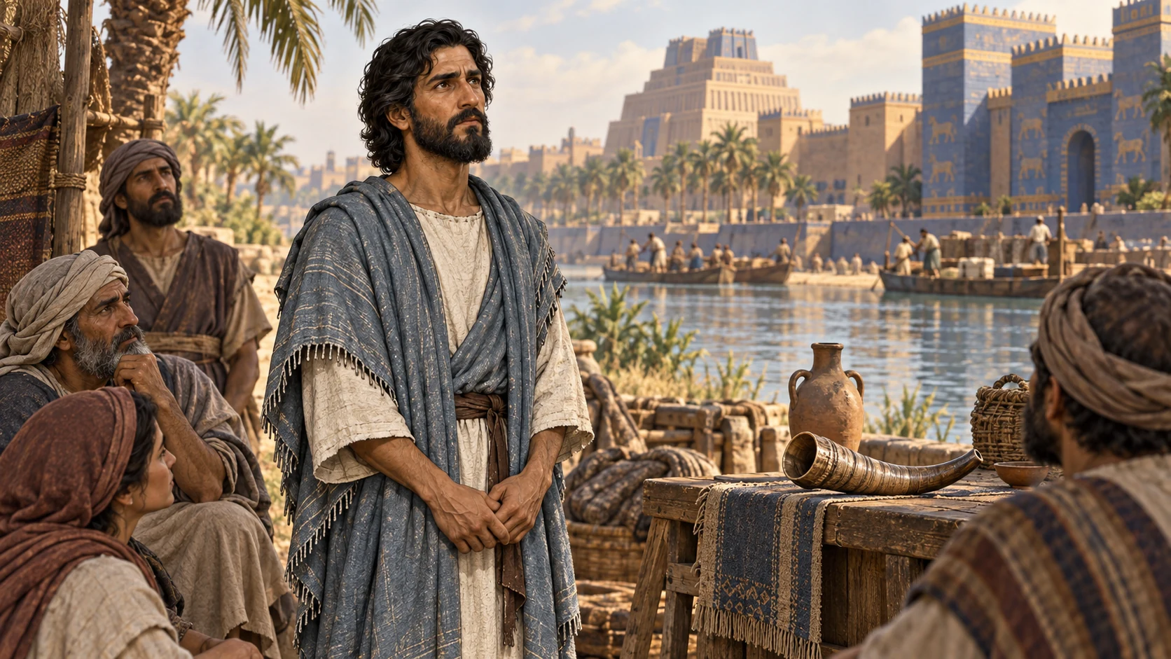 Ezekiel stands among exiles in blue-gray mantle with a simple unmarked horn in another watchman’s hand, no visible Yahweh