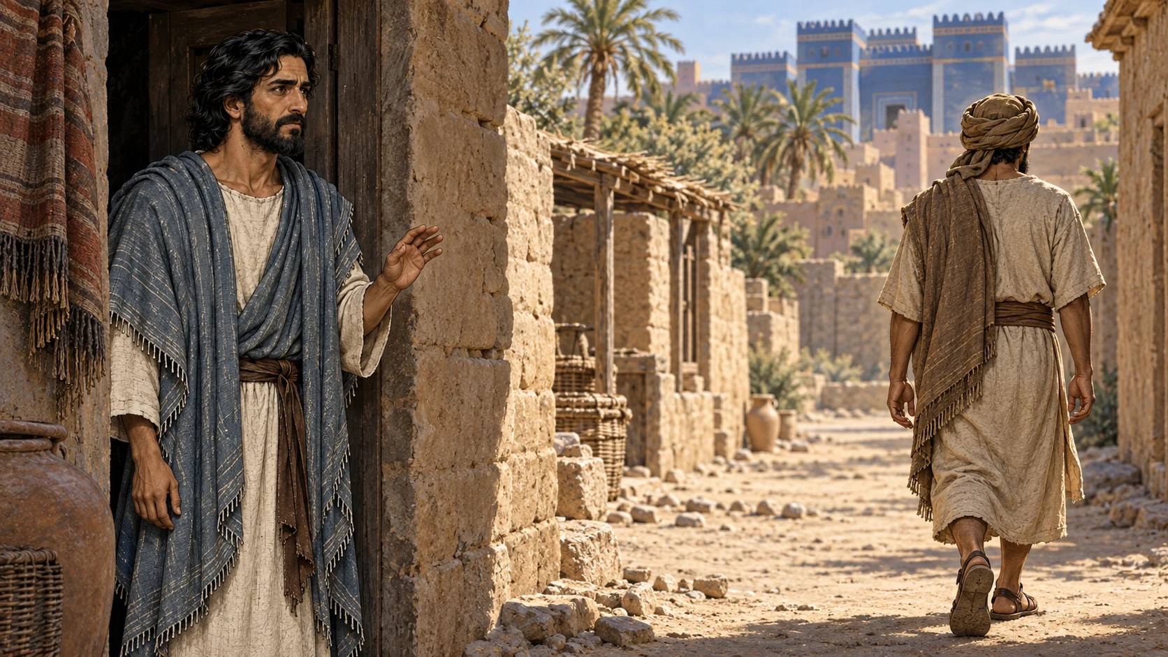 Ezekiel seen at a threshold hesitating while an anonymous wrongdoer walks away; no literal blood or death