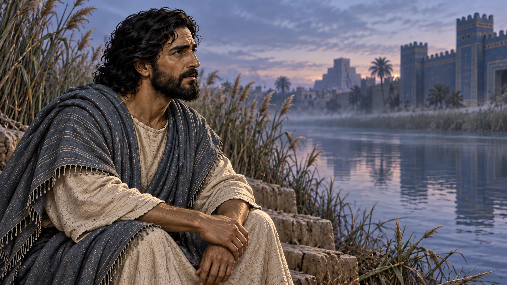 Ezekiel in his blue-gray mantle listens alone beside the exile canal in cold morning quiet; no visible speaker