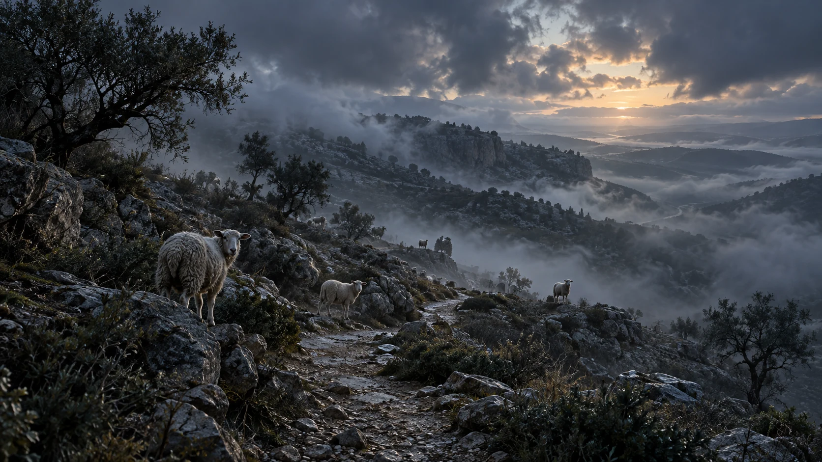An unmanned path through cloudy uplands leads toward scattered sheep as daylight begins to break; no physical depiction of God