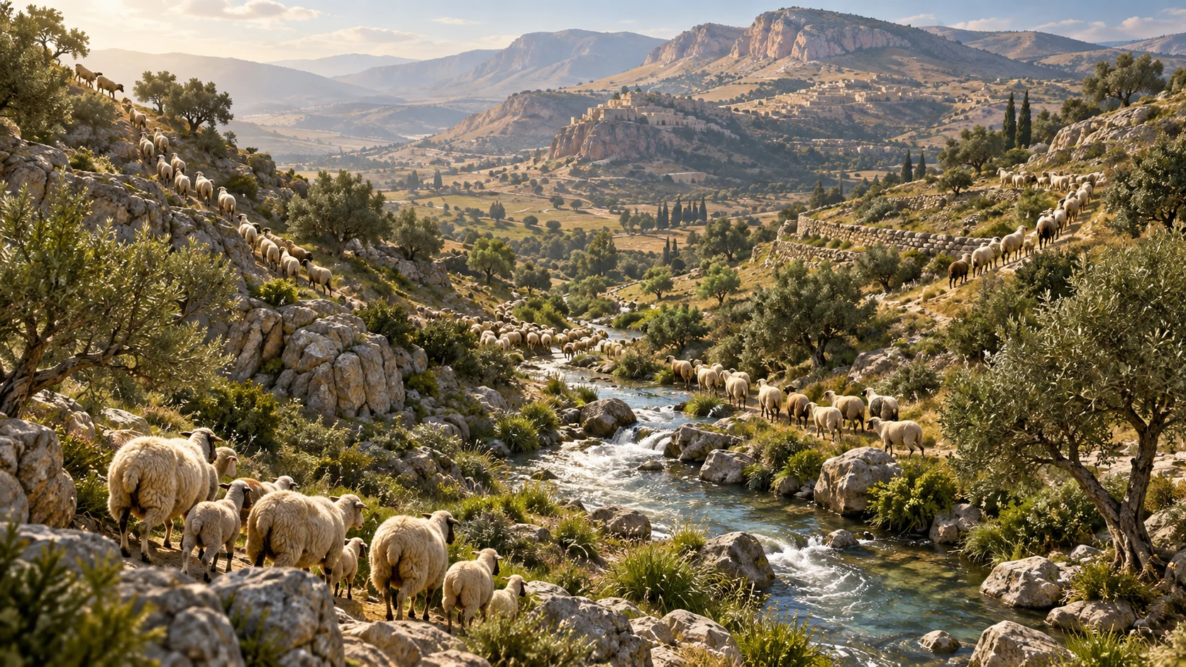 Separate small groups of sheep move from distant valleys toward streams and the mountains of Israel; metaphor disclosed