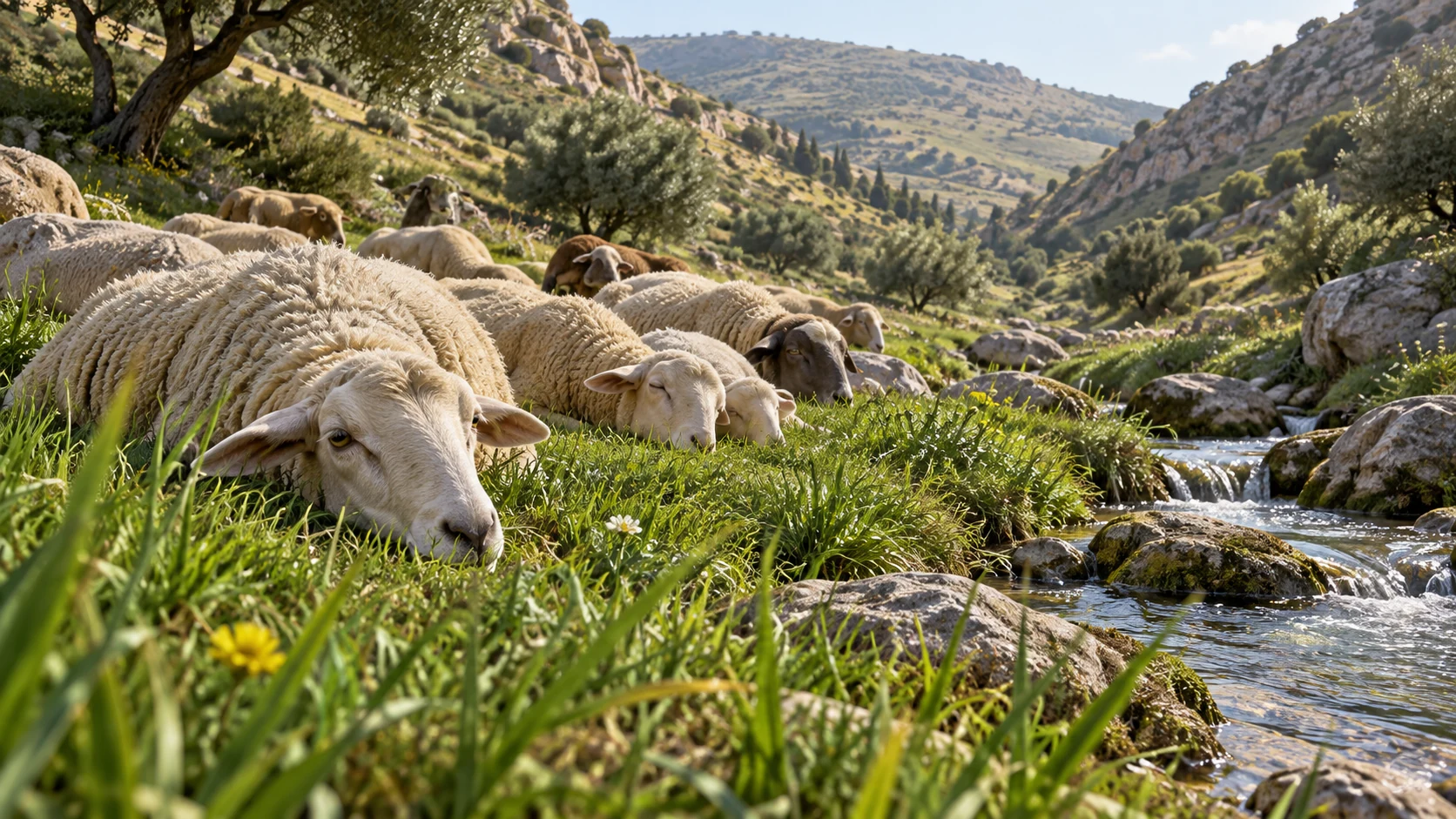 Sheep rest in rich highland pasture near a clear stream under a broad horizon; no human shepherd or visible deity