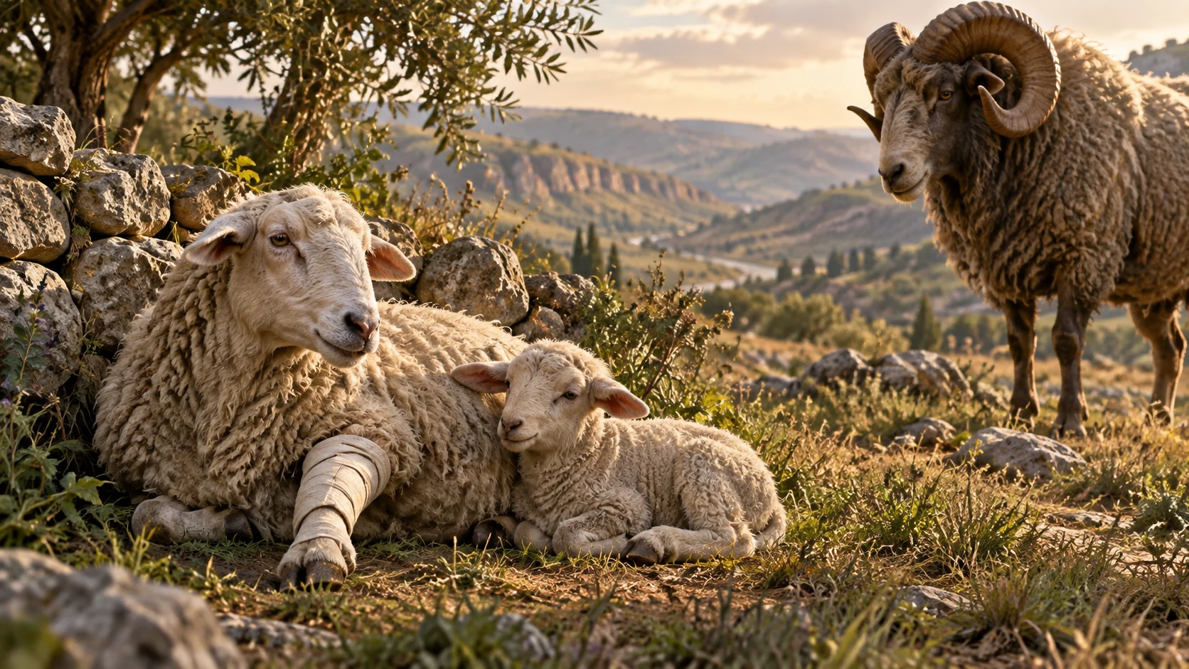 An injured sheep with a simple bandage is sheltered alongside a weak one while a stronger ram waits at a respectful distance; unseen care is interpretive, no divine figure
