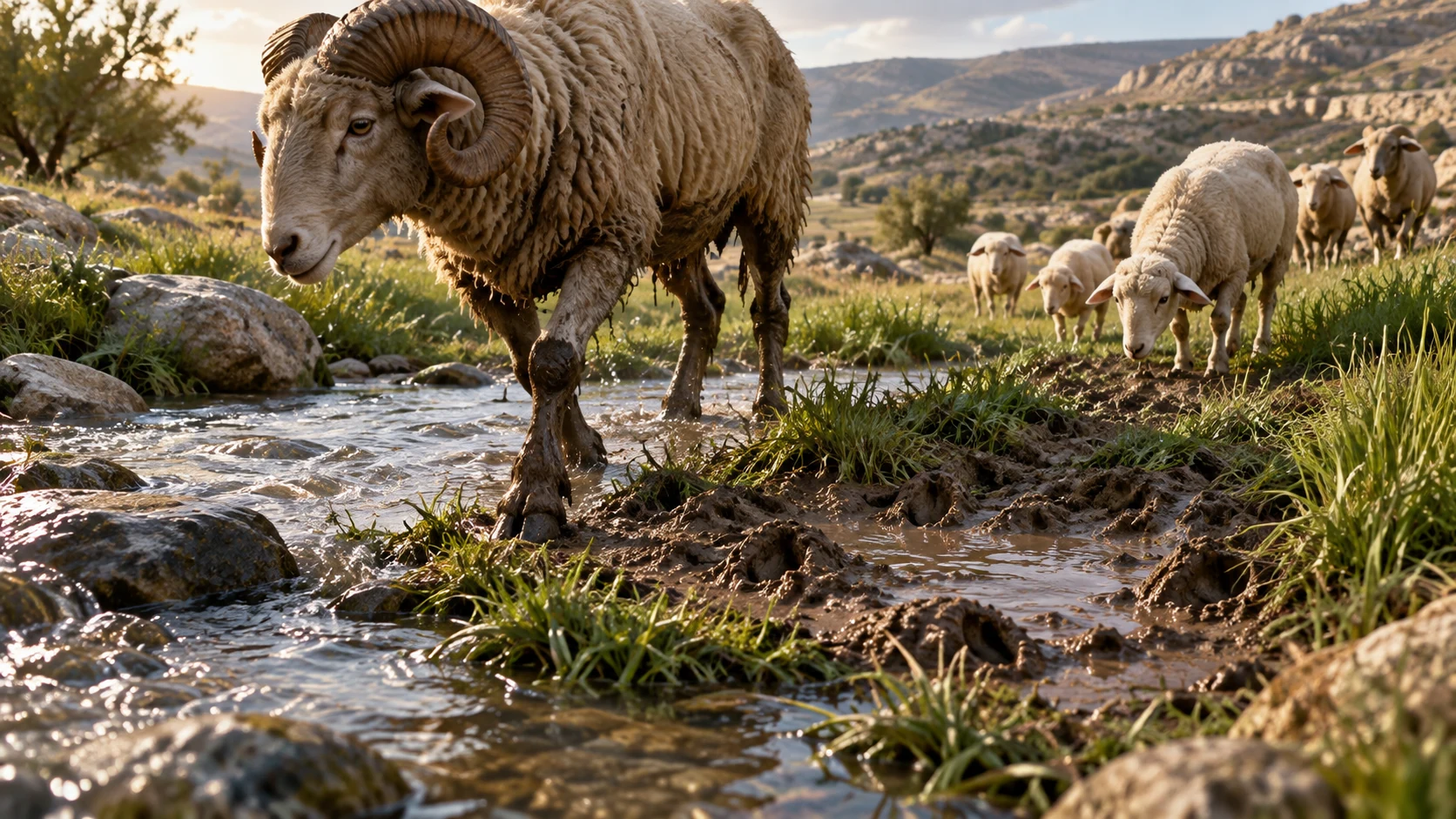 A large ram steps through a clear stream and rich grass, leaving a muddied patch that smaller sheep must approach; no anthropomorphic cruelty