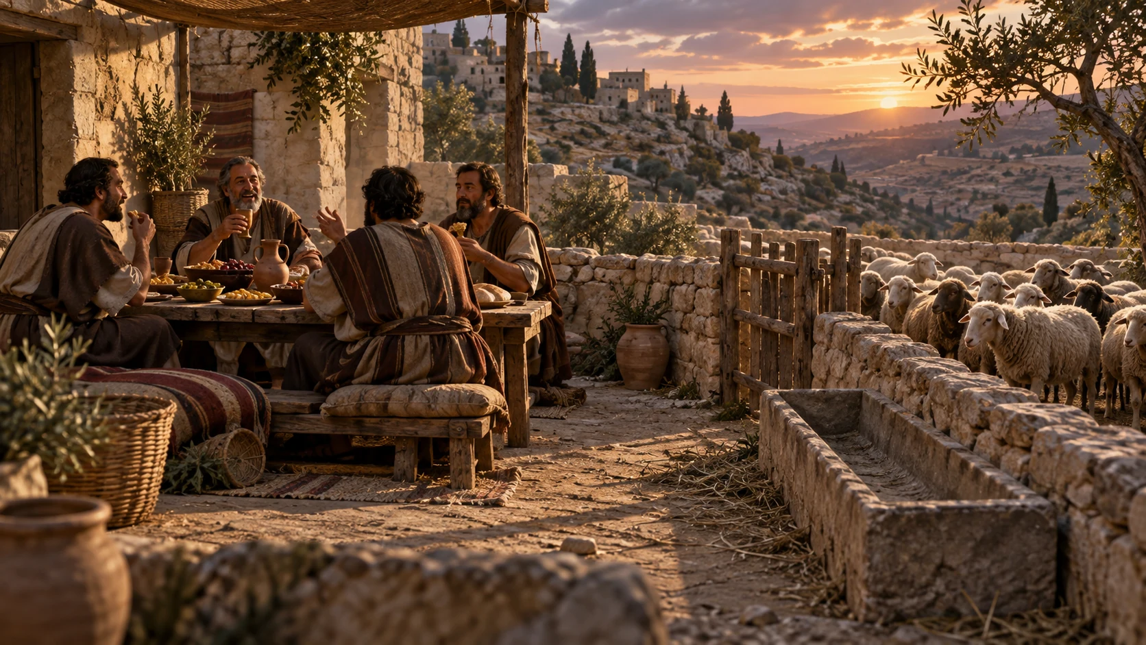 A distant group of Israelite leaders eat at a full table while a small unattended flock waits beyond a low enclosure; the pastoral contrast is expressly metaphorical