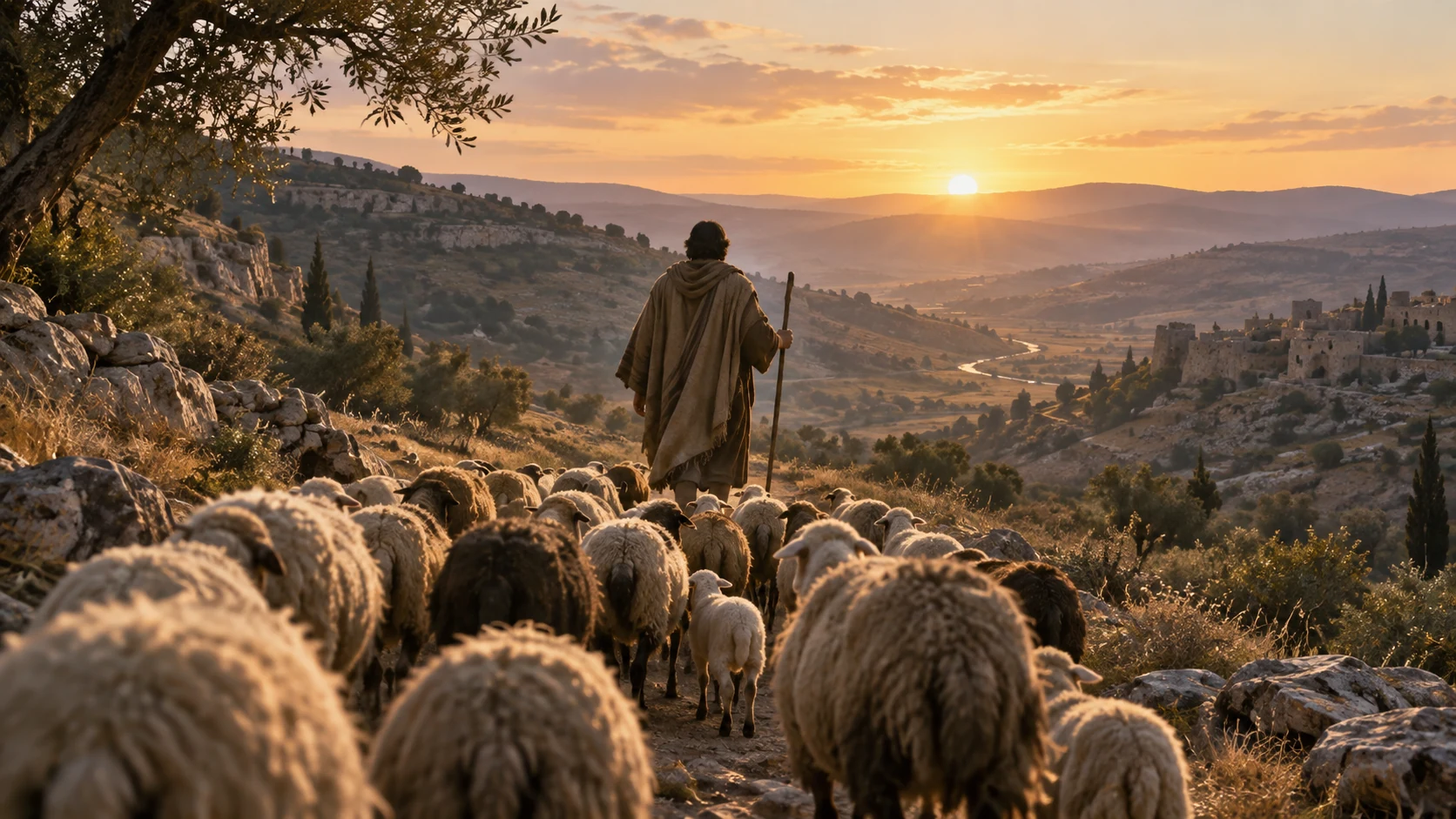 A single anonymous ancient shepherd walks before the gathered flock at dawn; no kingly regalia, no literal historical David portrait, and no visible deity