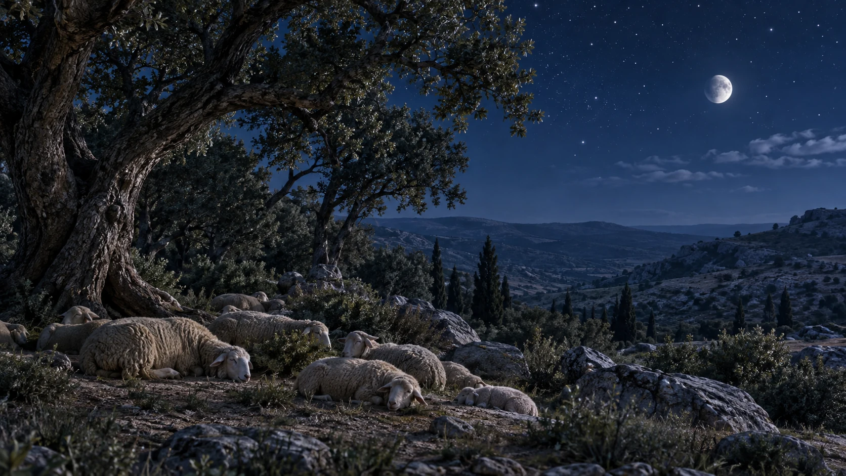 At night sheep sleep safely at a forest edge and in open country; wild animals are absent rather than conquered