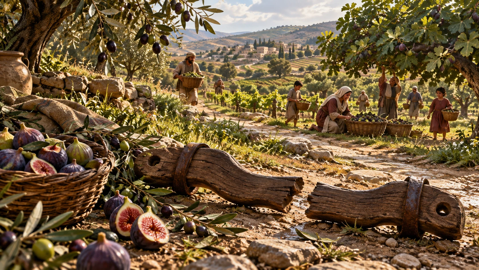 Fruit trees and fields bear produce while an old broken wooden yoke lies beside a path; no enslavers or combat shown