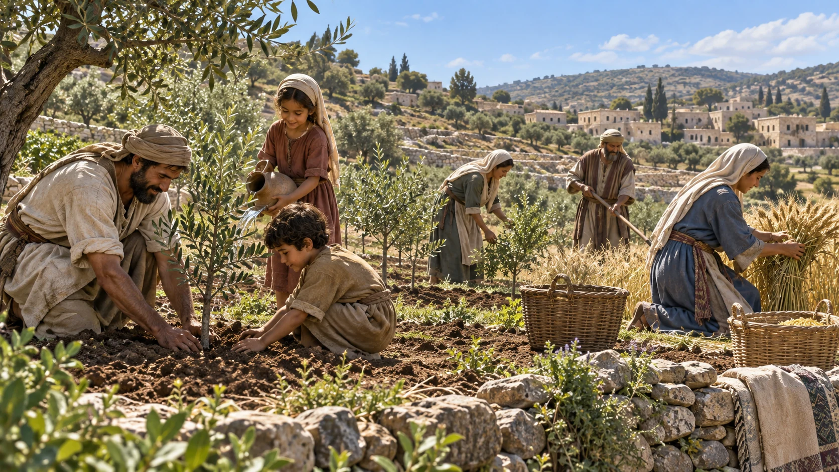 Families cultivate a young grove in safe daylight, with a distant watchtower quiet and no raiders, famine or wild attack depicted