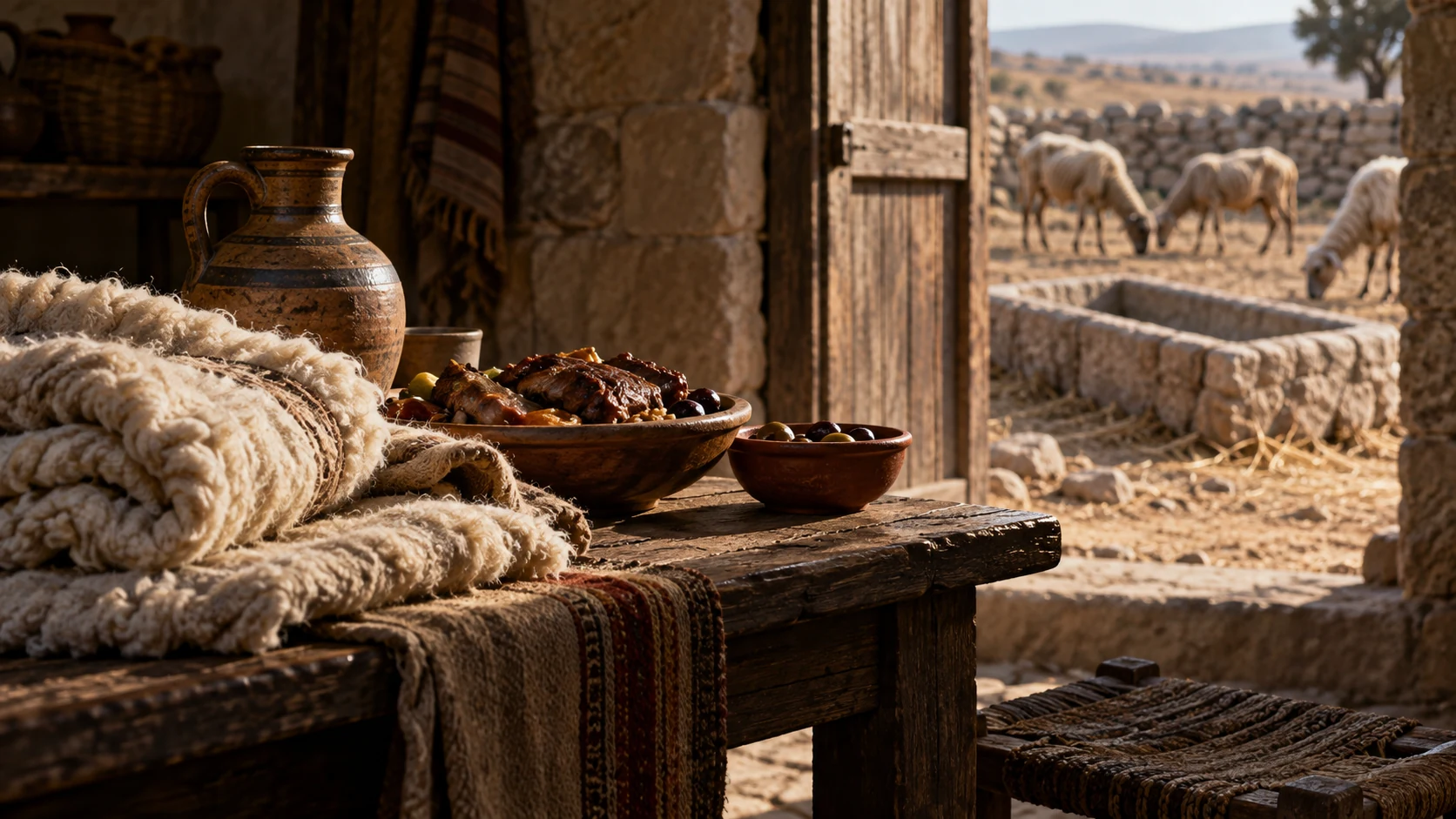 Object-scale foreground of wool, milk and meat on an elite table; outside the doorway weak sheep stand by an empty trough, without slaughter shown