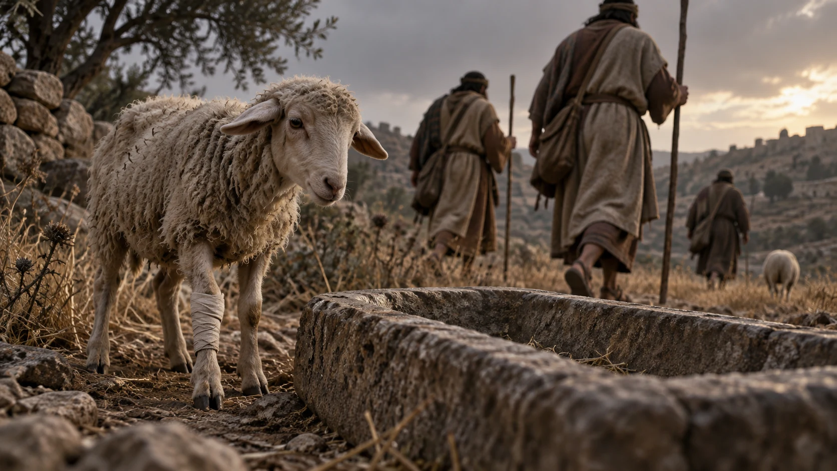 A weak sheep with a bound leg stands unattended as leaders walk past; another sheep wanders in the far distance; no cruel strike