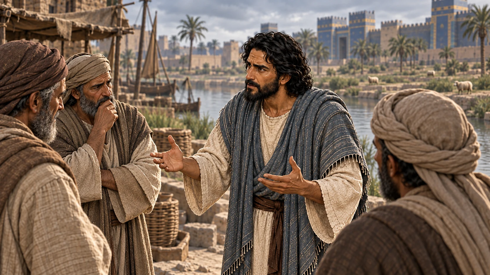 Ezekiel speaks to anonymous elders on the exile canal bank, with separated sheep in a visual echo far behind them; no visible deity