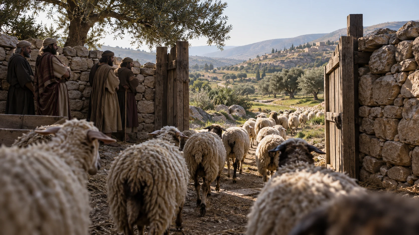 The leaders stand aside as an opened enclosure lets the sheep leave safely; the scene is an interpretation of accountability, not a recorded literal removal