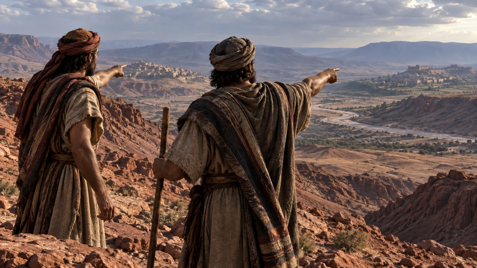 Two anonymous Edomite speakers point across a broad valley toward two distinct distant territories, with neither Israel nor Judah labeled by invented heraldry
