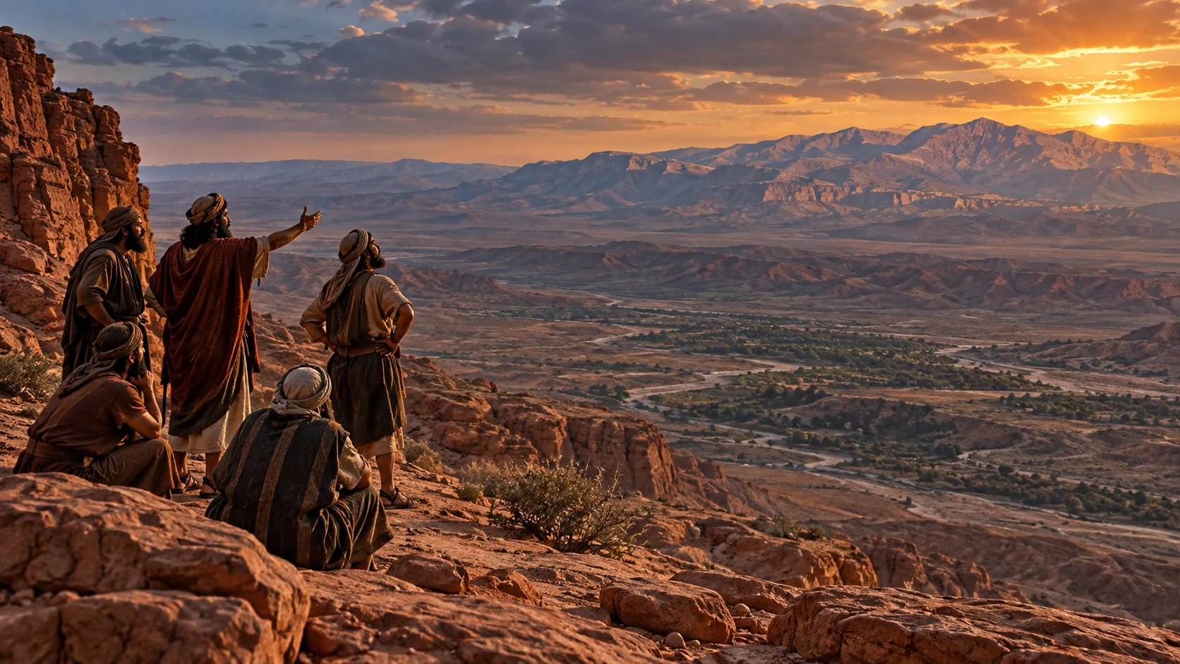 From Mount Seir, speakers boast toward the distant mountains of Israel as listeners react uneasily; no literal speech text or visible deity
