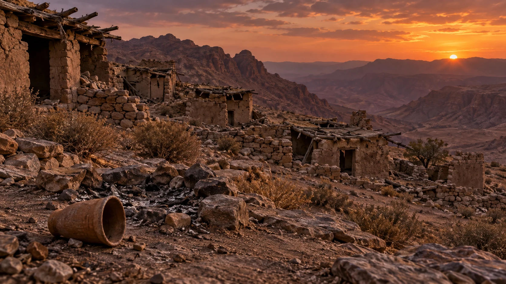 Low ruined Edomite dwellings on Mount Seir at dusk with an overturned cup beside a cold hearth; prophetic symbolic reversal, not documentary exact history
