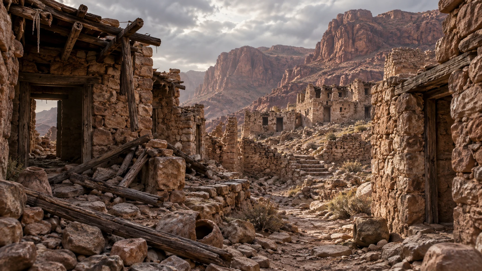 Unpeopled ruined stone dwellings on Mount Seir rendered as prophetic vision, not a documentary claim that these exact buildings fell