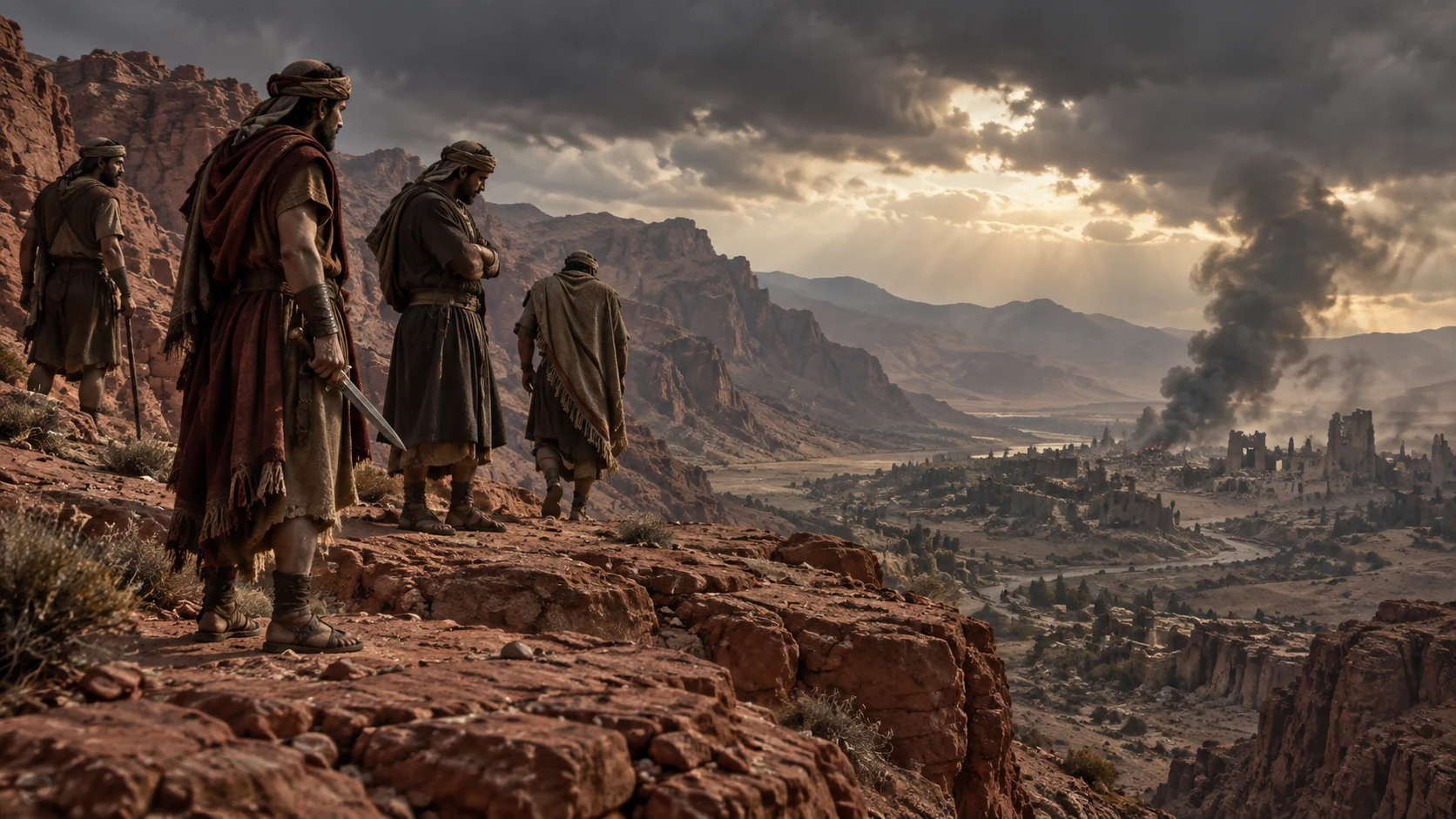 Anonymous Edomite figures watch distant smoke over Judah from a ridge while armed escorts pass, with no victims, gore or invented named commander