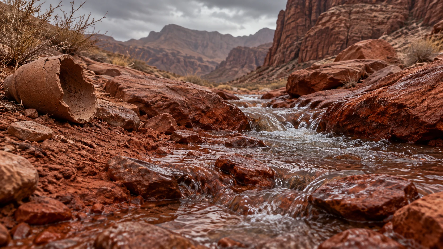 Clear rainwater runs across iron-red sandstone beside a broken clay vessel, a disclosed metaphor for the blood language rather than literal blood