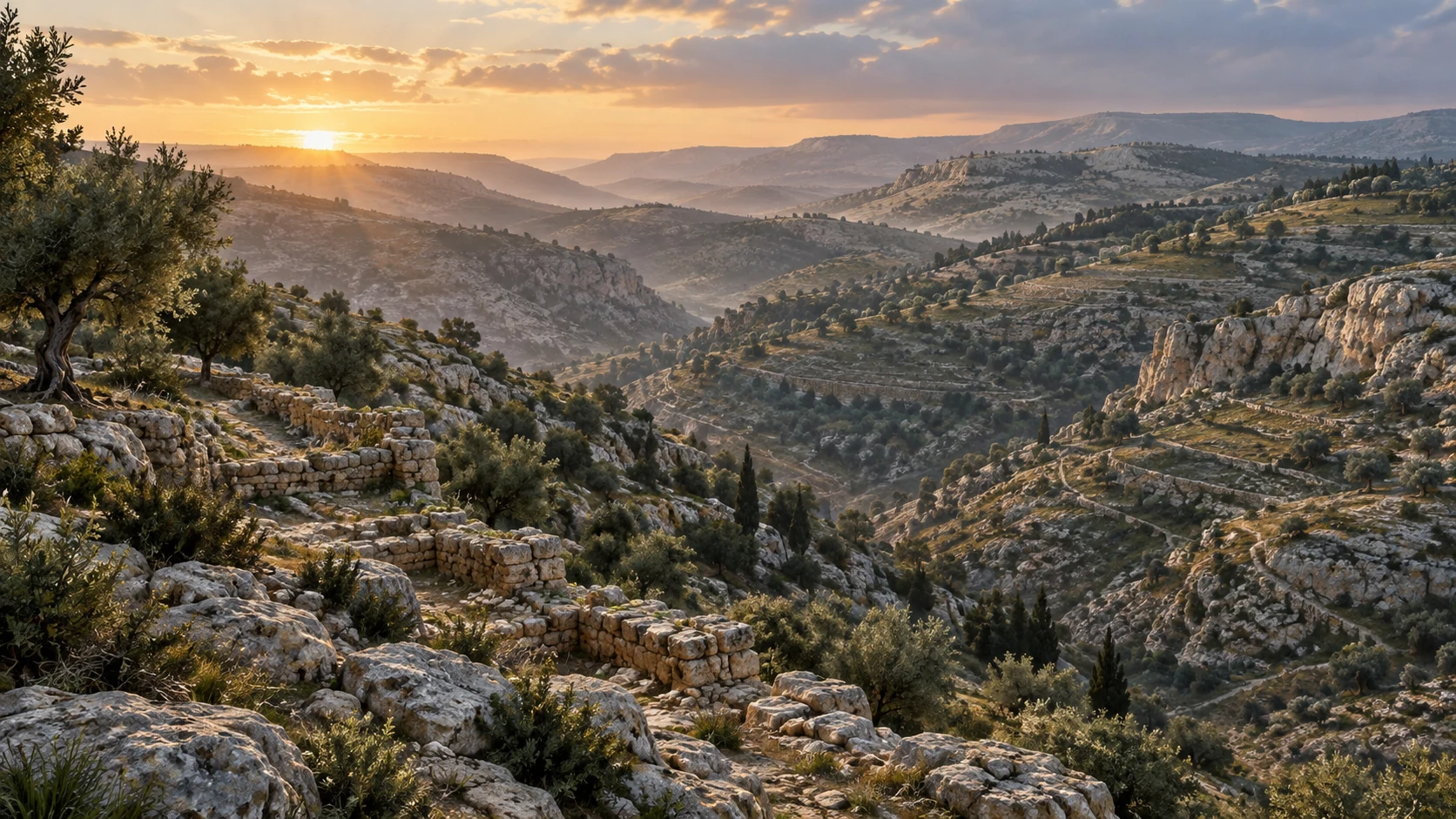 The mountains of Israel occupy the entire frame at dawn as the addressed subject of Ezekiel’s prophecy; Ezekiel remains in exile and is not physically placed on the ridge