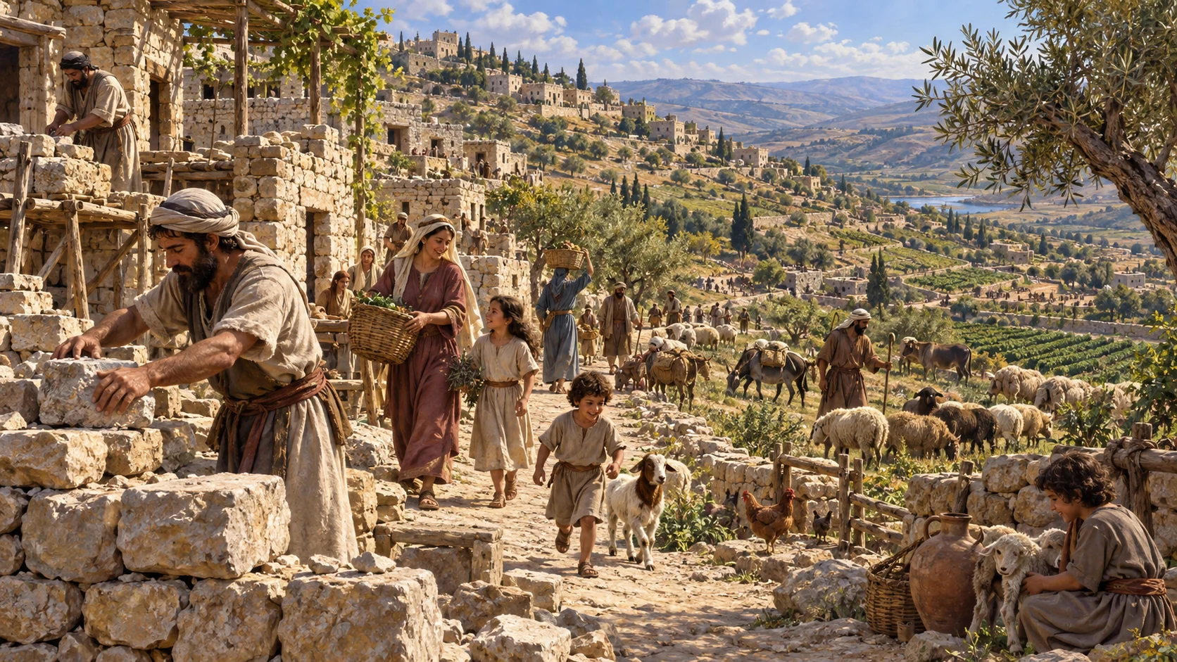 Families repair low ancient stone homes while livestock graze beyond, no utopian city or modern masonry