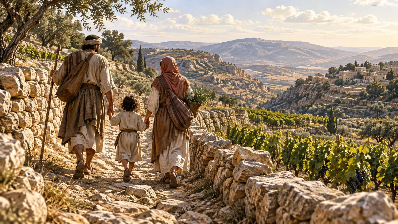 Ordinary Israelite families walk a safe highland path with the cultivated land beneath their feet
