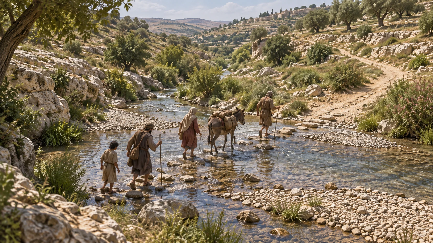 Travelers safely cross a broad shallow natural ford in an Israelite ravine, without a literal devouring land or monumental bridge