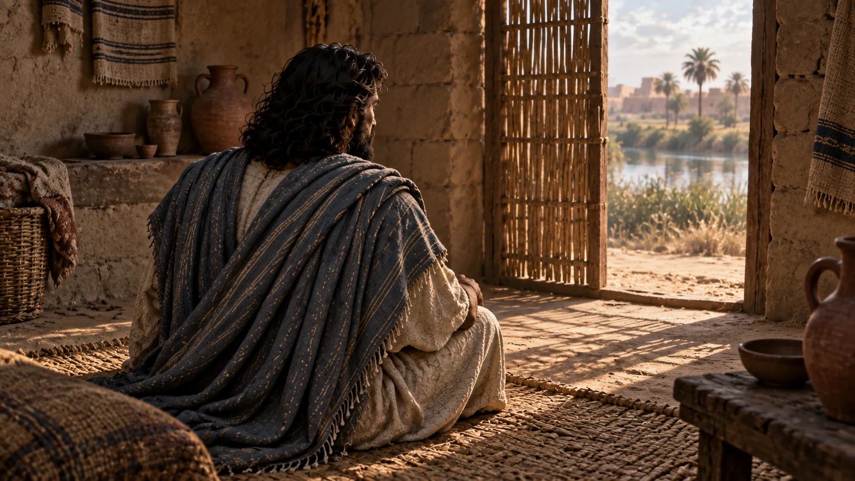 Ezekiel sits alone inside his Babylonian exile dwelling, with canal visible through a reed-screen door; no visible speaker