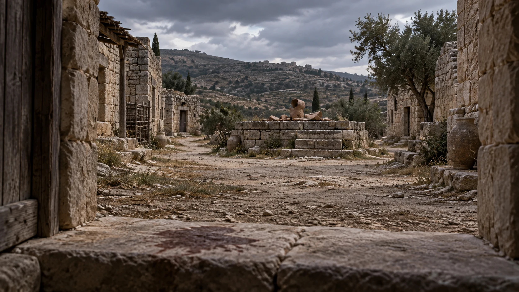 A wide empty Israelite lane with a shattered unmarked idol on a low stone platform and a faint old threshold stain; no visualization of menstruation or female pollution