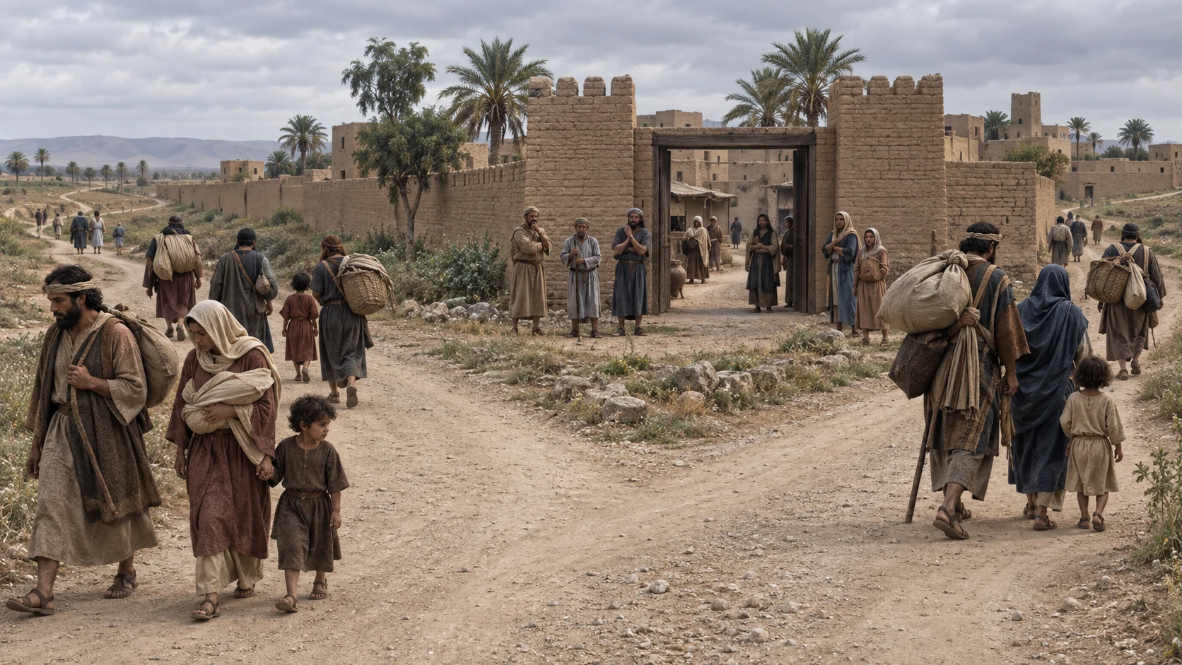 Exile families scatter along different packed-earth branches outside a plain Mesopotamian mudbrick town while local onlookers observe; no written speech