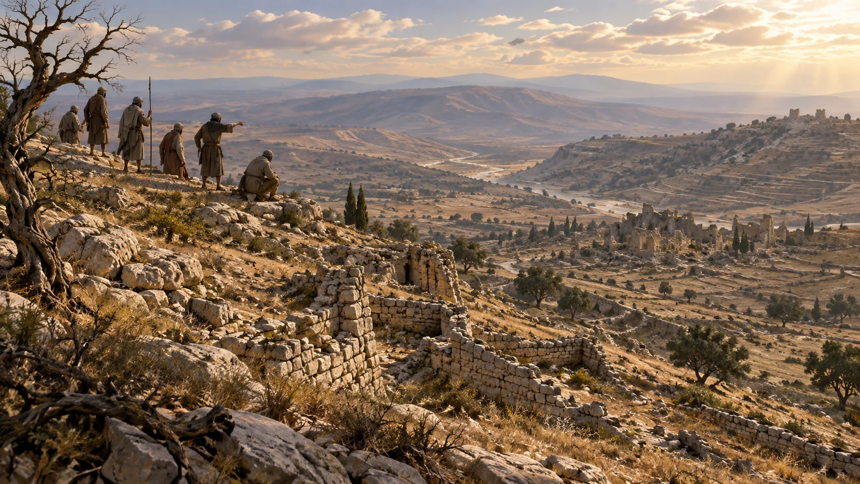 Ancient anonymous claimants stand on a distant ridge surveying damaged Israelite highlands, with no flags, modern identity or invented named ruler