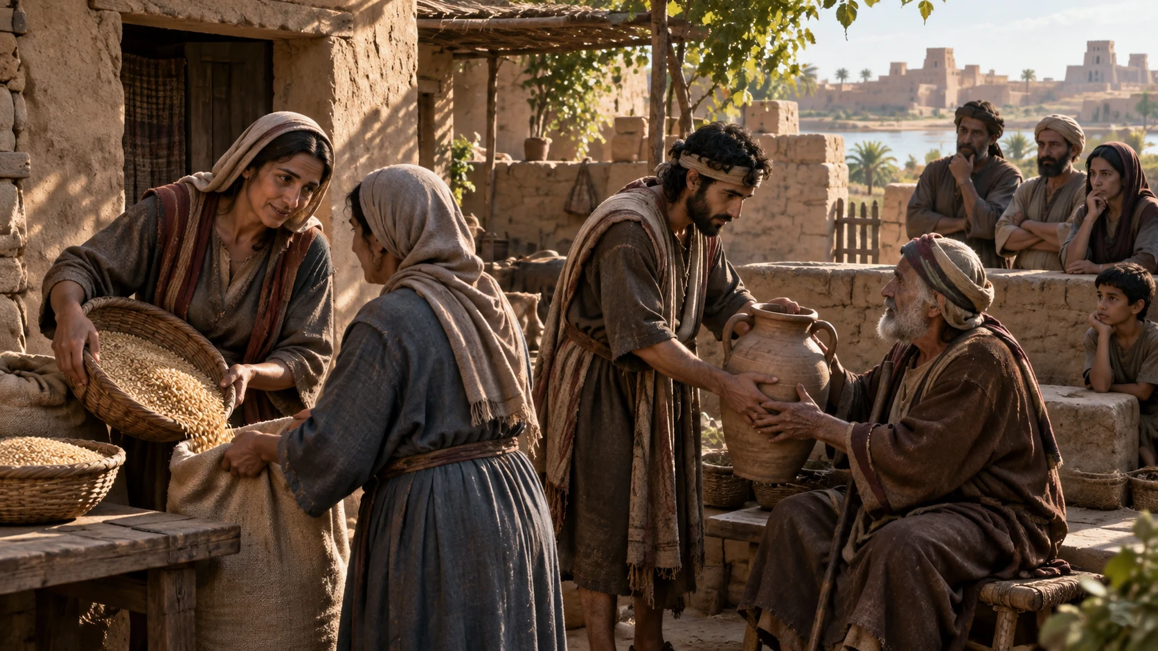 A diverse assembly of exiles helps one another in an ordinary courtyard as onlookers reconsider; no deity, inscription or claim of instant moral perfection