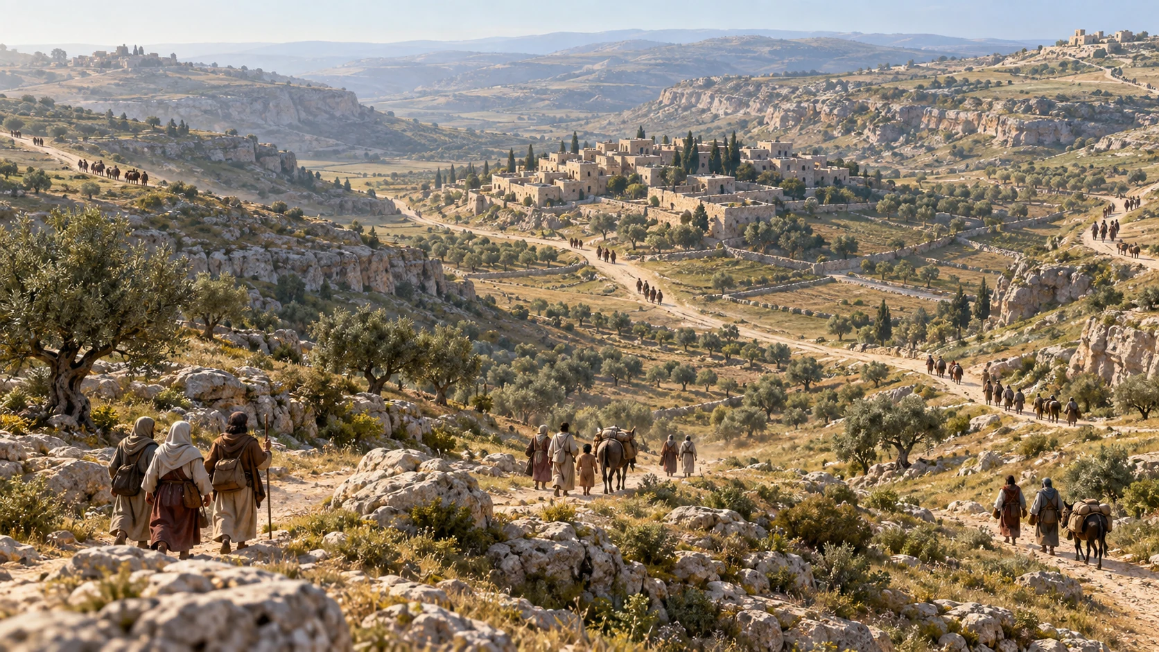 Multiple groups of travelers approach the same ancient highland road from different horizons, without flags or modern national markers