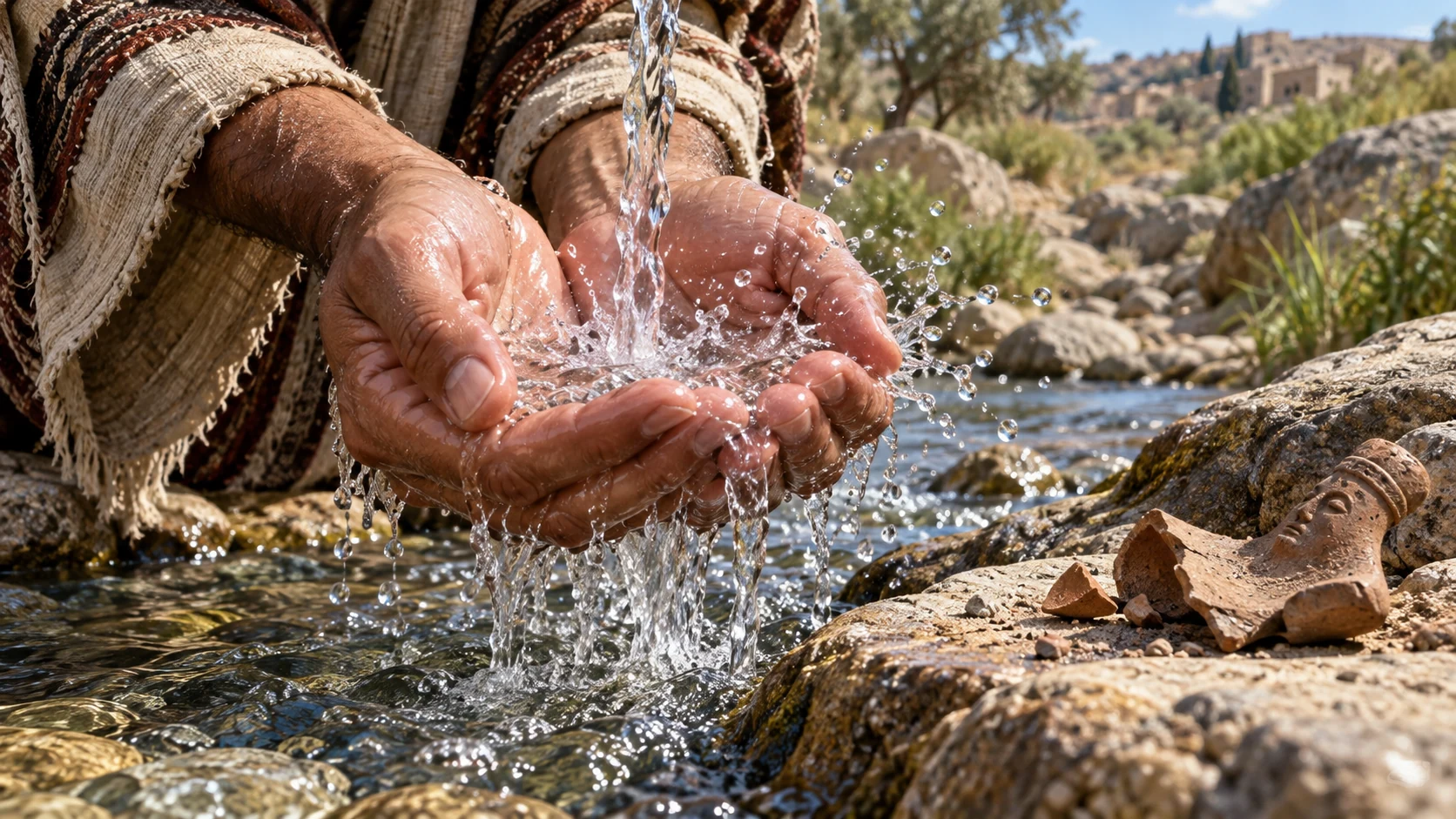 Clear water droplets fall across open hands and an old discarded idol shard beside a stream; no divine hand from sky, literal baptism rite or spectacle