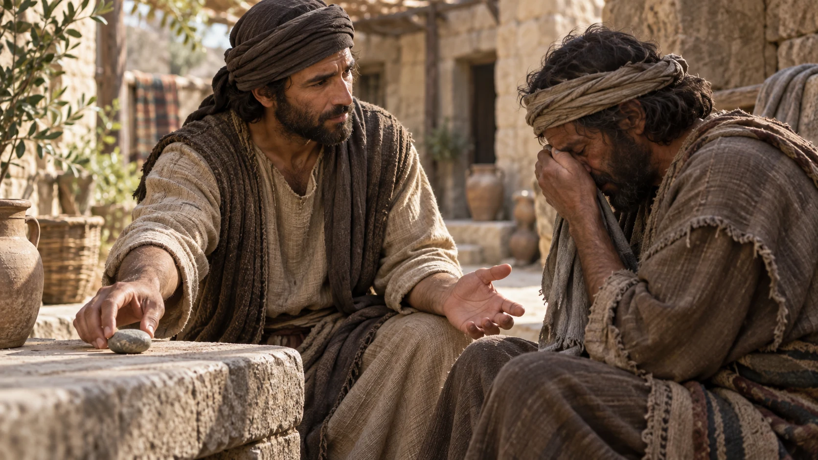 A formerly hardened person sets down a plain smooth stone and reaches toward a grieving neighbor, no anatomical heart or literal organ exchange