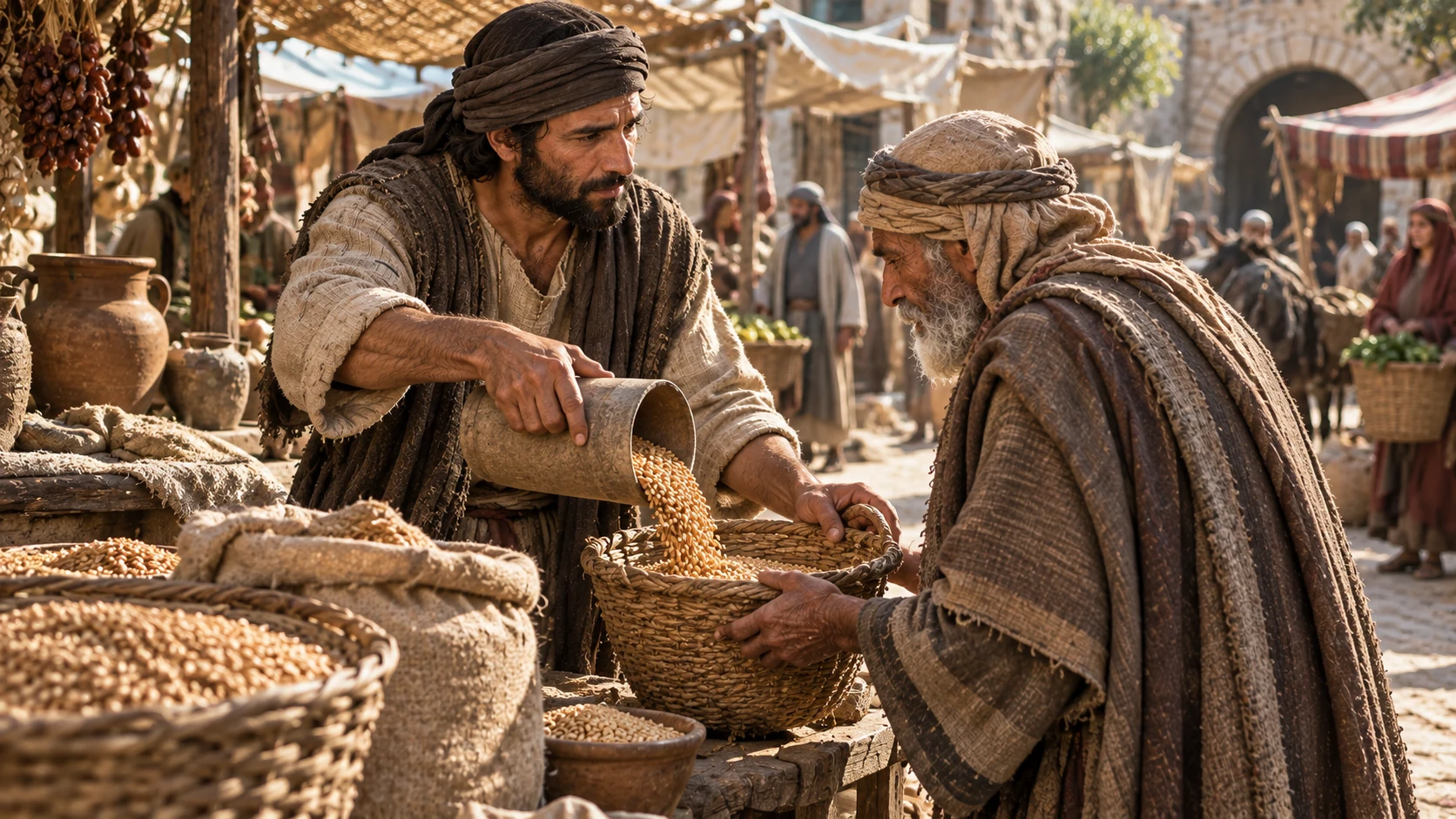 The same person now returns a fair measure of grain at a market and helps an elder, with no ghostly Spirit figure