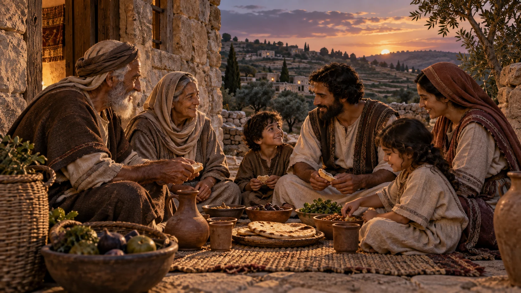 Families gather around a modest rebuilt home in the land, with no visible Yahweh