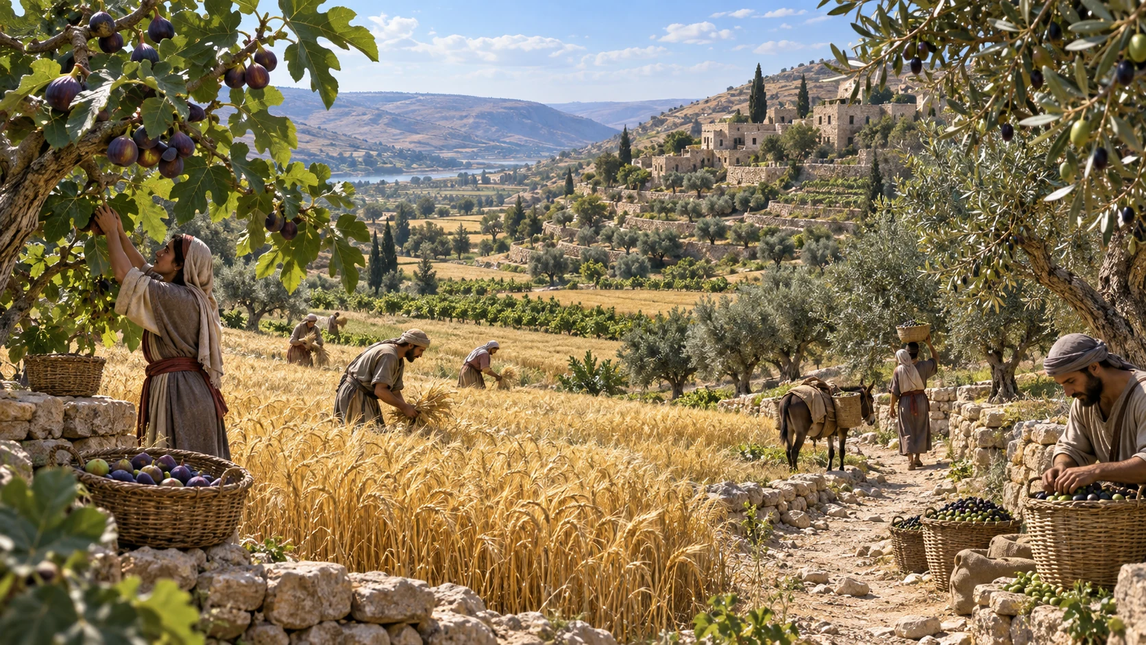 A varied but plausible grain harvest and fruit-laden trees support ordinary households, not overflowing fantasy plenty