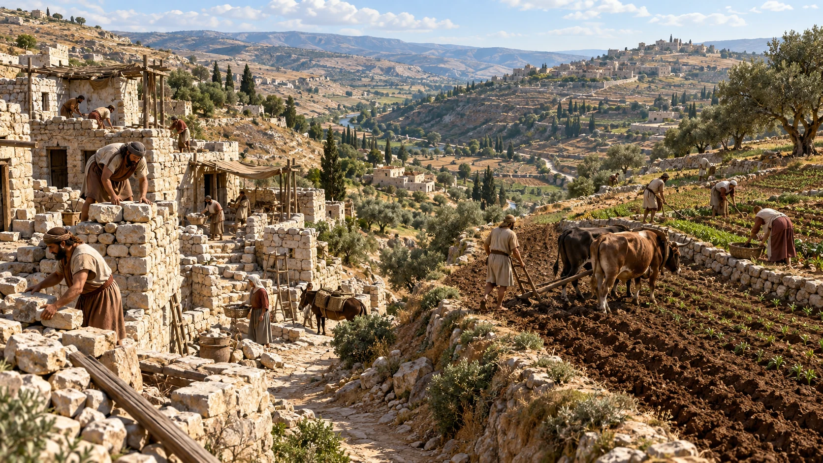 Craftspeople repair low stone homes while farmers cultivate a formerly barren adjacent field; labor and land share the frame