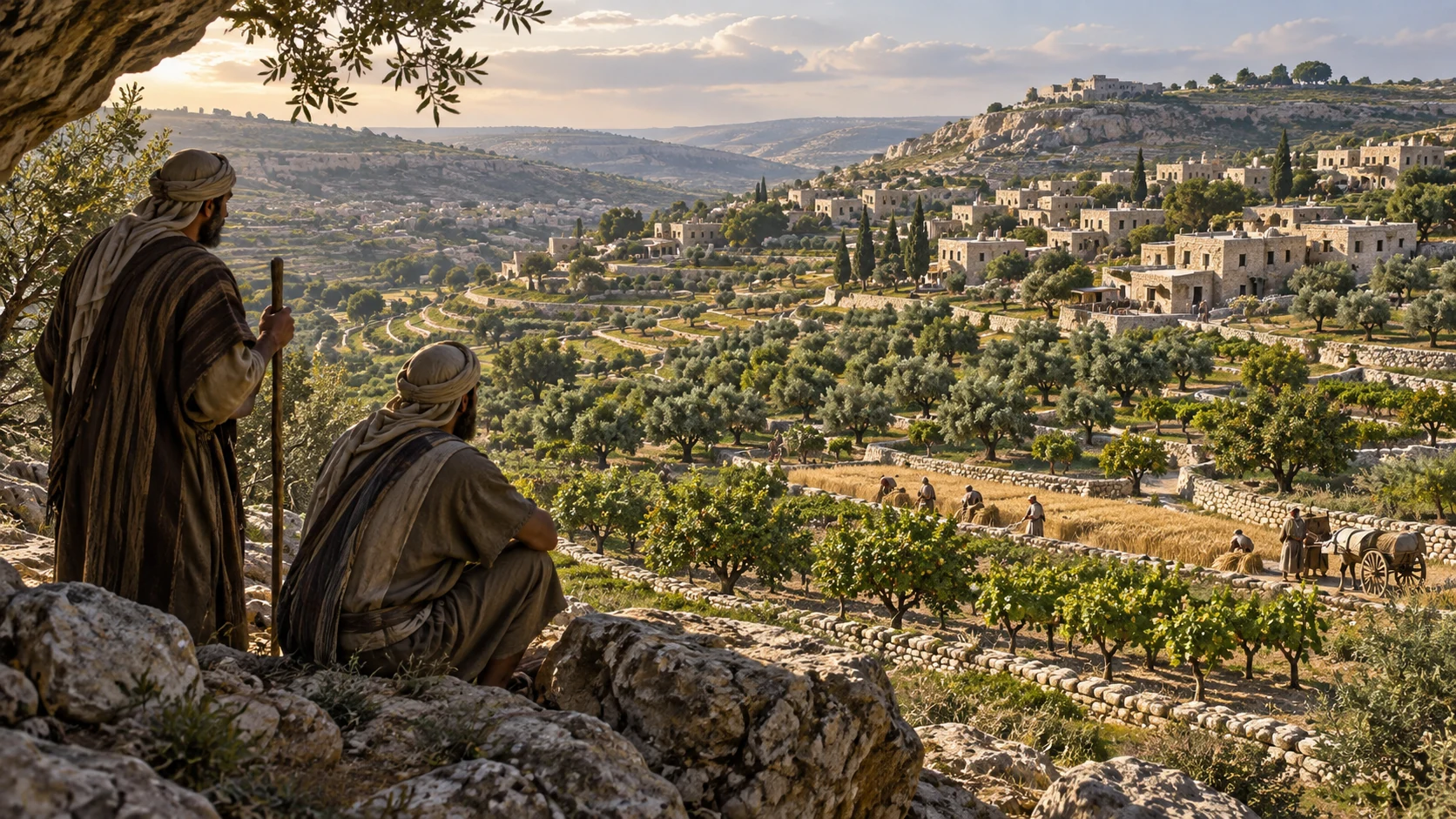 Formerly desolate terraces are fruitfully planted around restored inhabited towns; Eden is a quoted COMPARISON, not literal Eden or its characters