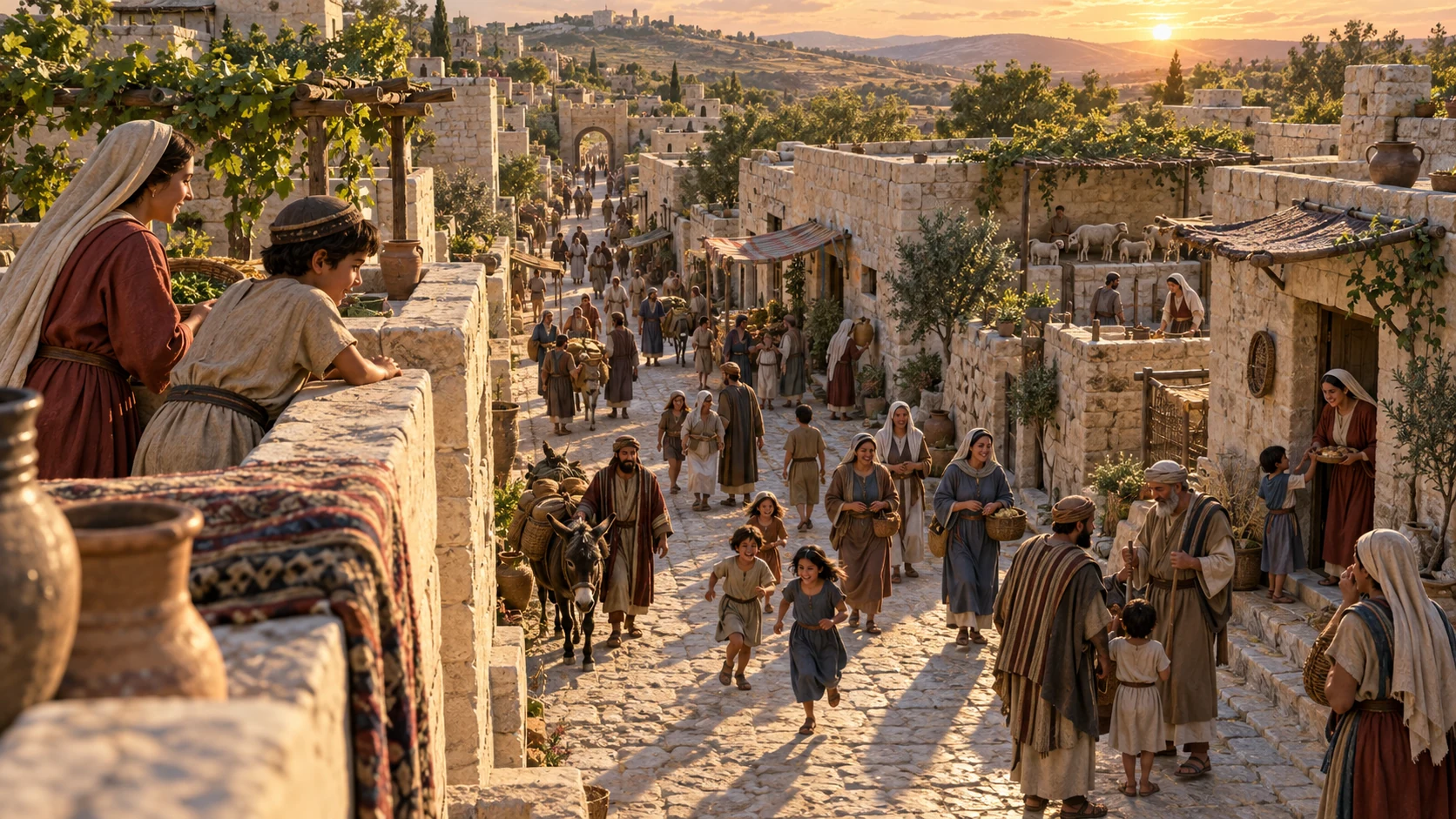 A wide ancient city lane fills with distinct human families arriving for communal life; a small flock of sheep in a far courtyard is only a metaphorical echo