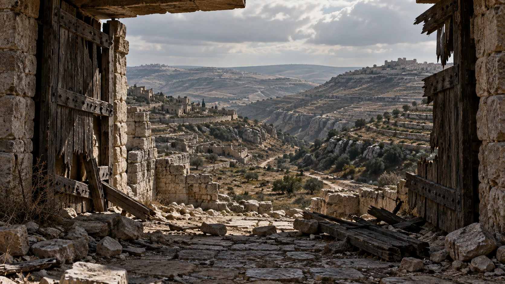 A panoramic sweep of hills, ravines, empty towns and damaged pastures; no divine hand or literal fire, and no victims