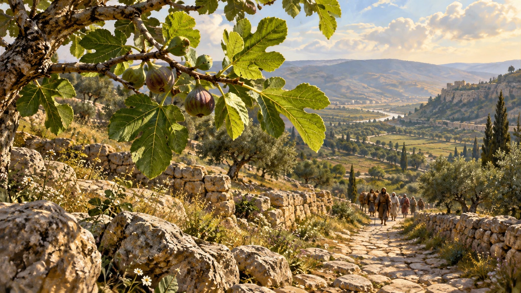 A mountain orchard sends out new leaves and first fruit over a path toward the valley; no miracle spectacle
