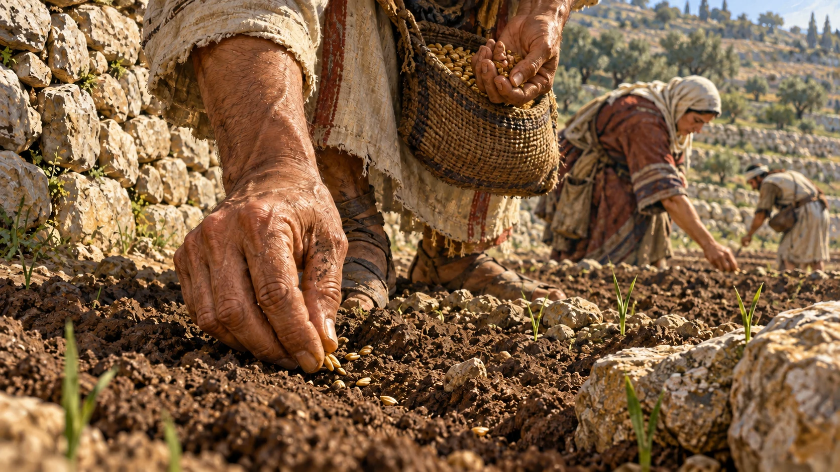 A close view of hands placing grain seed in a restored terrace, a visual interpretation of promised cultivation